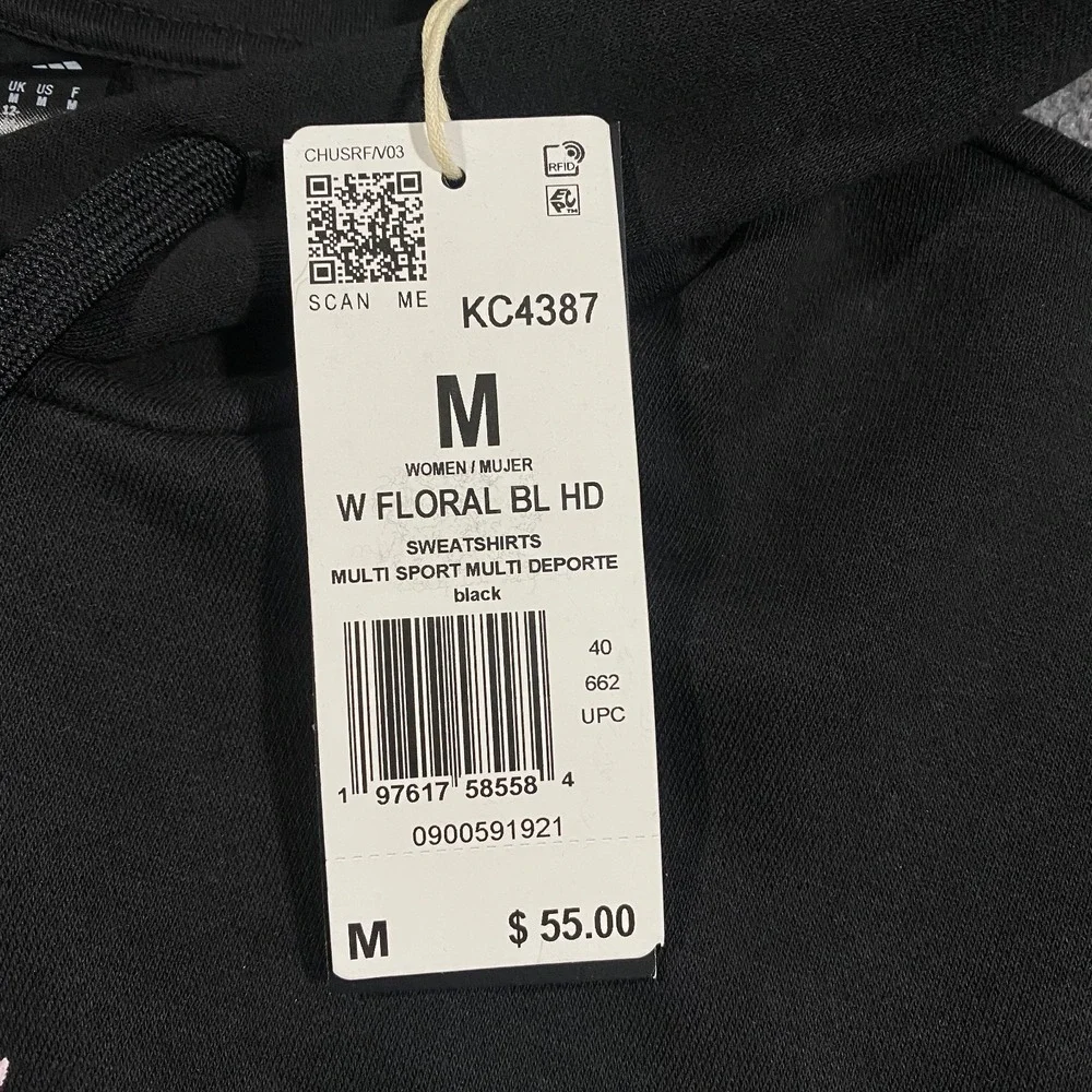 Adidas Trefoil Floral Logo Hoodie Womens M Black Pink  Flowers Pullover Fleece